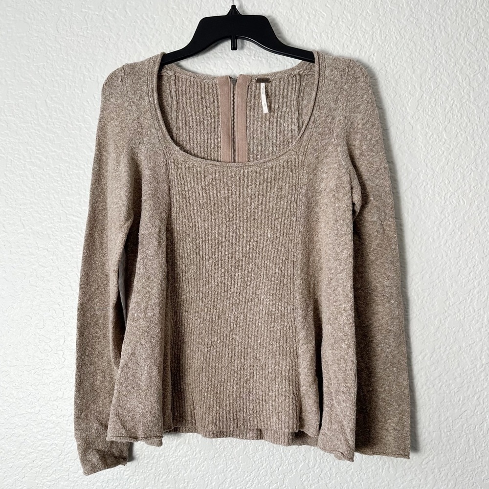 Free People Back Zip Beige White Long Knit Flare Sweater